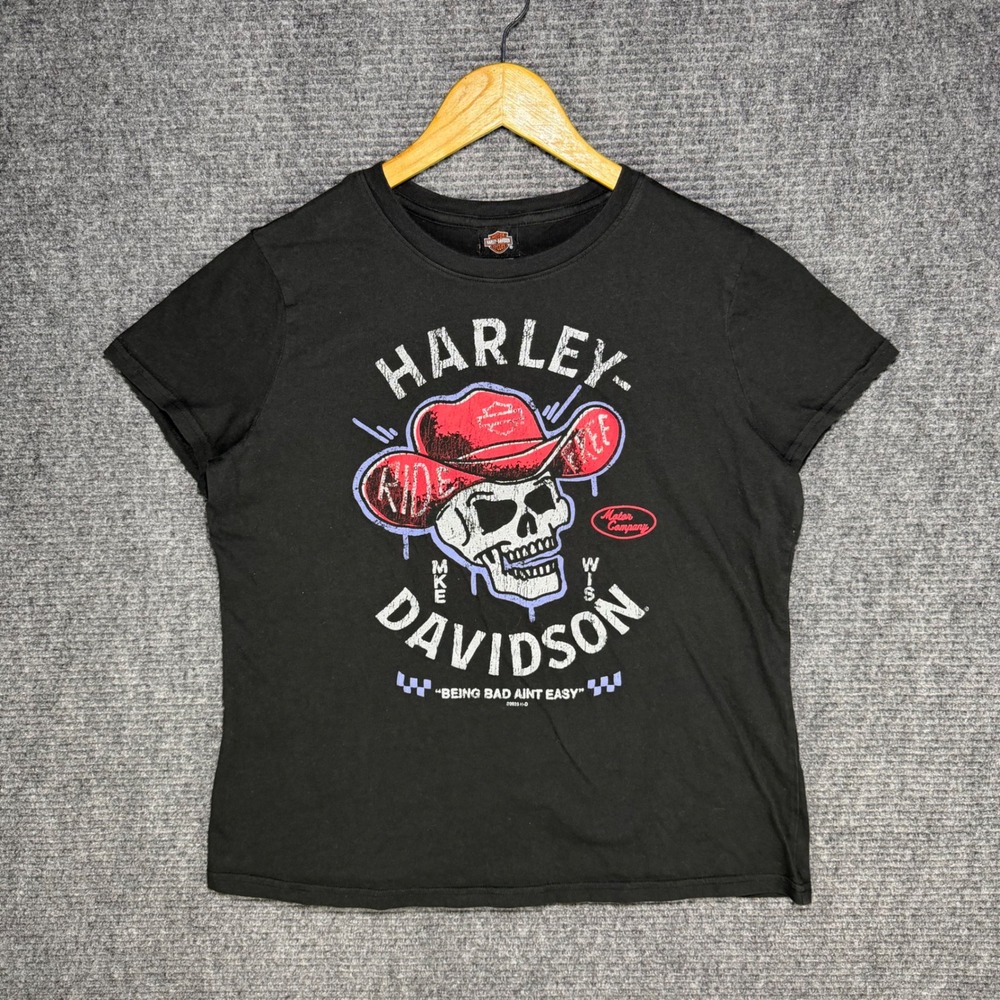 Harley-Davidson Womens Large Black Skull Cowboy Hat Graphic Tee Battle Creek MI